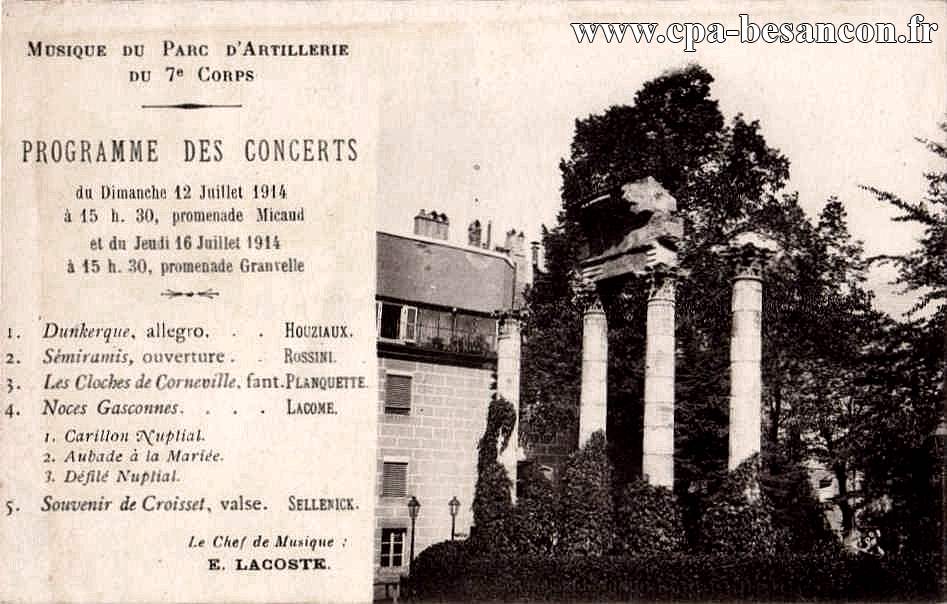 Musique du Parc d'Artillerie du 7e Corps - Programme des Concerts du Dimanche 12 Juillet 1914 à 15 h. 30, promenade Micaud et du Jeudi 16 Juillet 1914 à 15 h. 30, promenade Granvelle